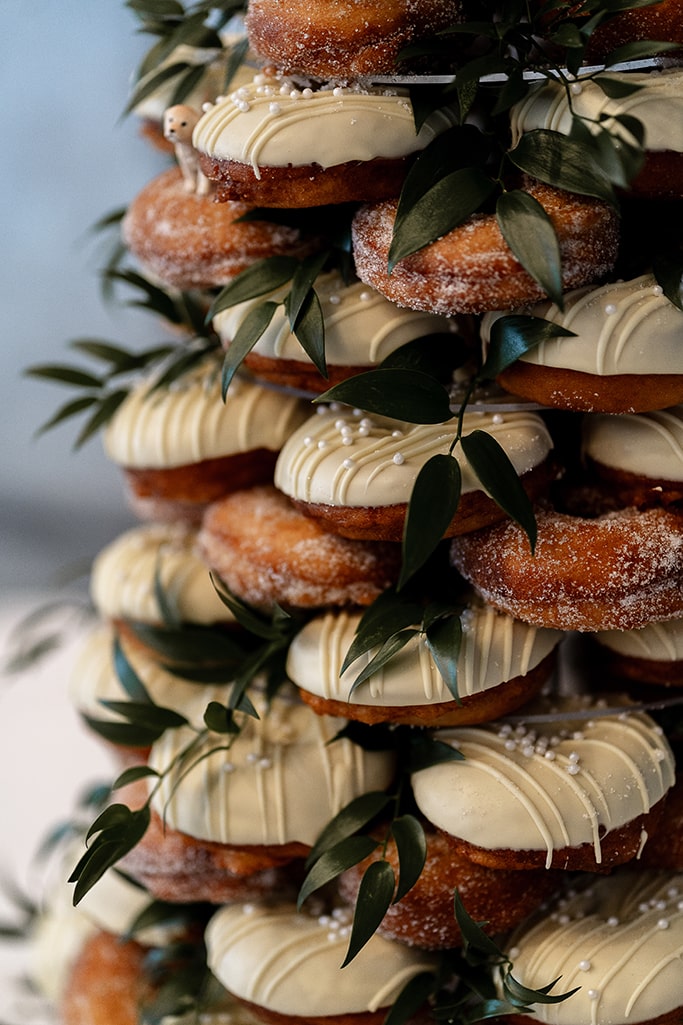 Close up fo doughnut tower wedding cake