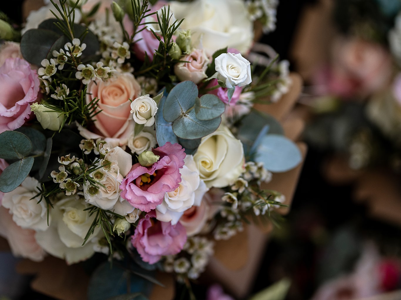 Close up of mixed wedding floral bouquets